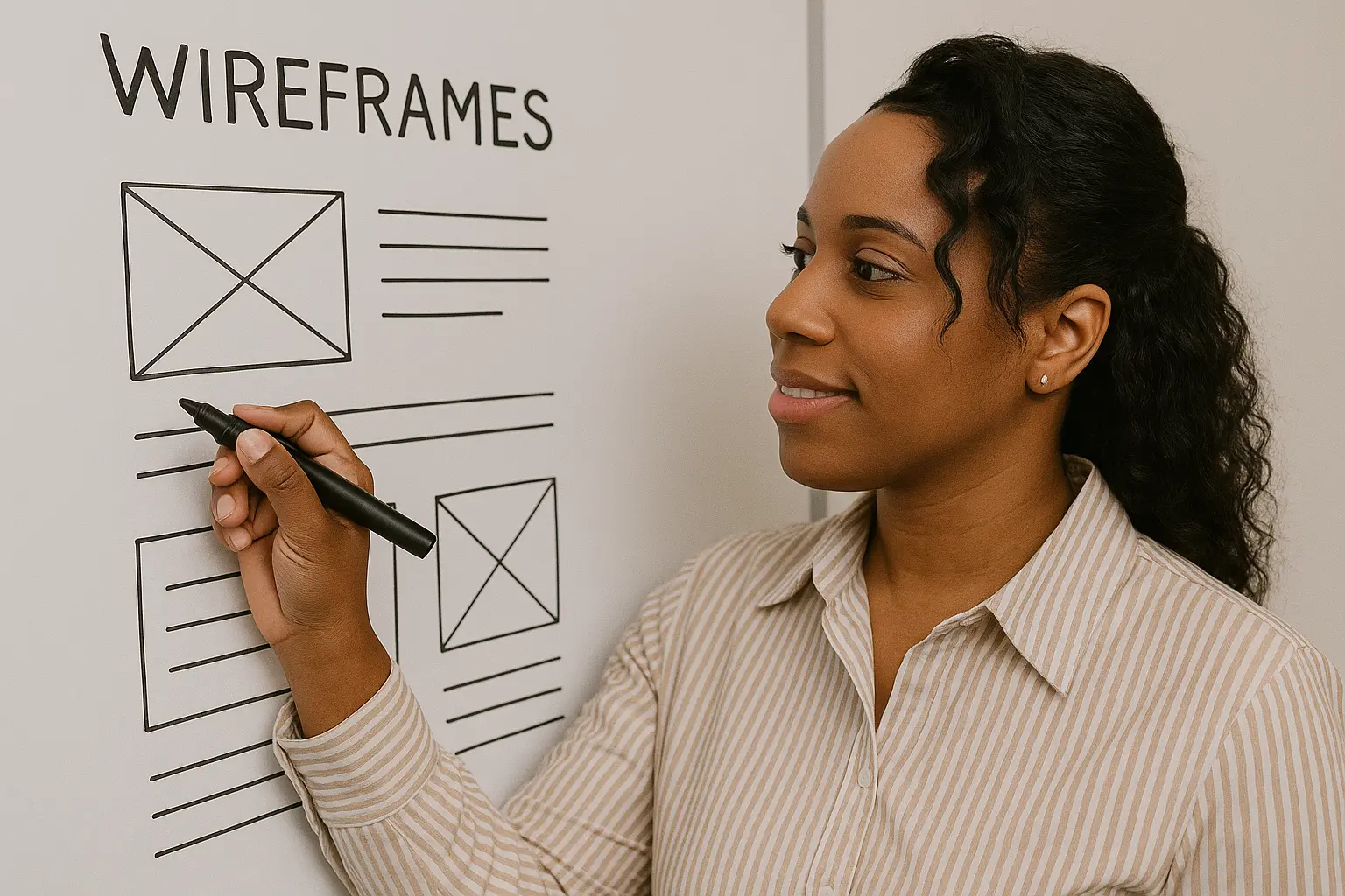 woman drawing wireframe on white board
