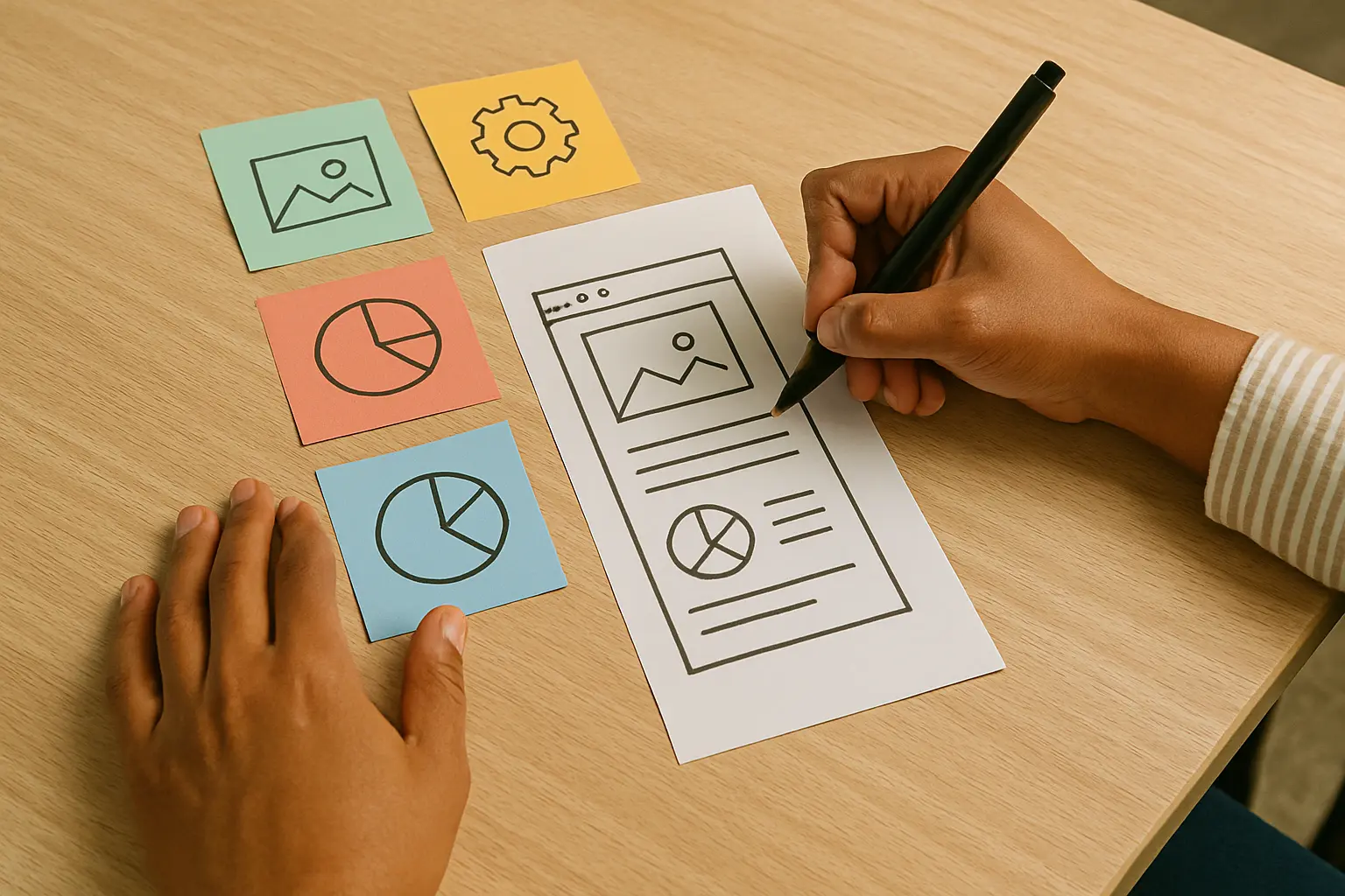 hand holding pencil, drawing wireframe on paper