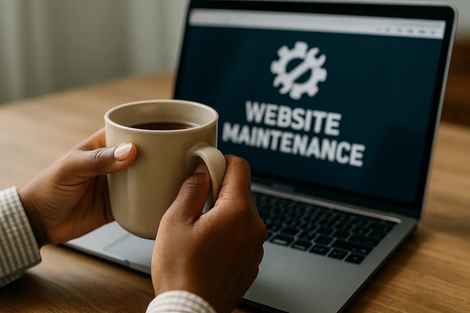 hand holding cup, laptop in background with website maintenance on the screen