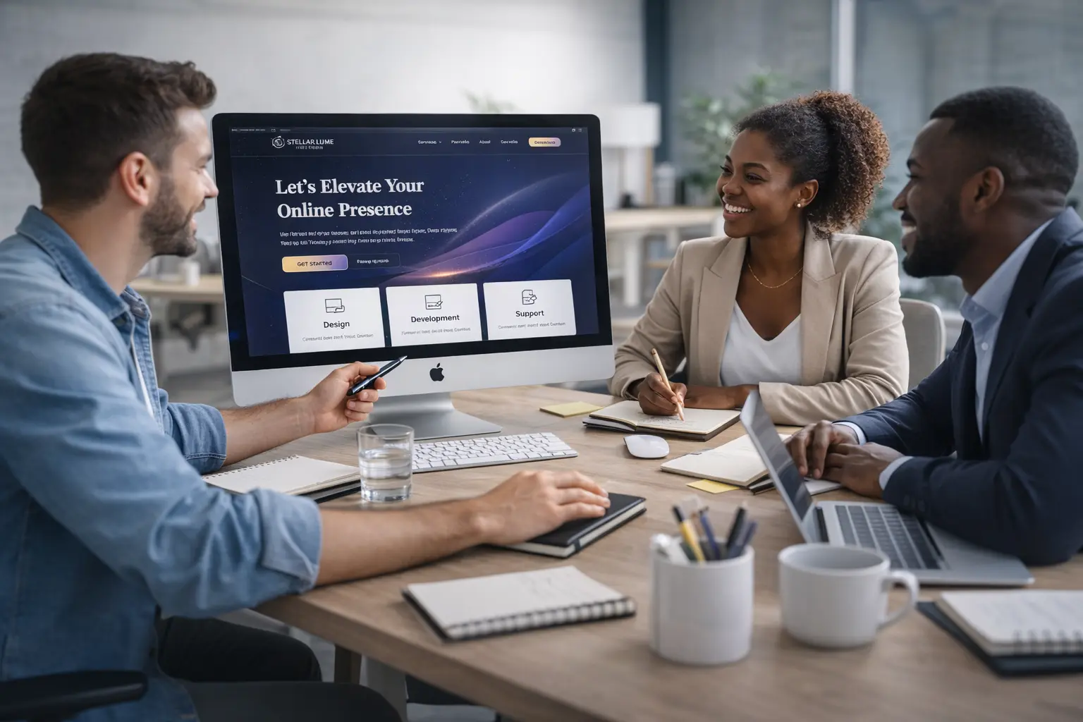 team members smiling in conversation while sitting in front of a computer monitor with a mock up of Stellar Lume Studio's homepage on the screen