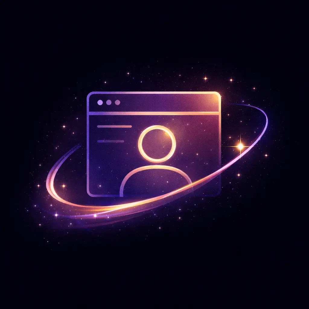 neon illustration of person icon on a computer screen surrounded by an orbit