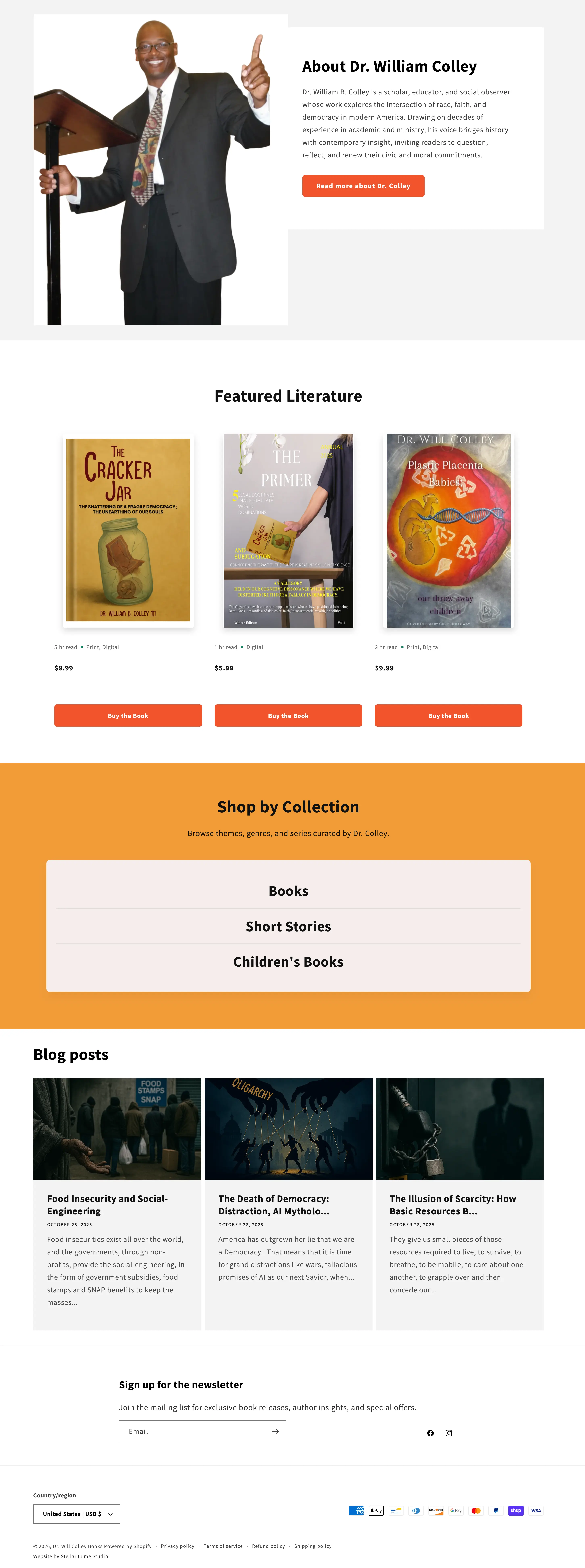screenshot od Dr Will Colley books homepage showing featured books and collections section.