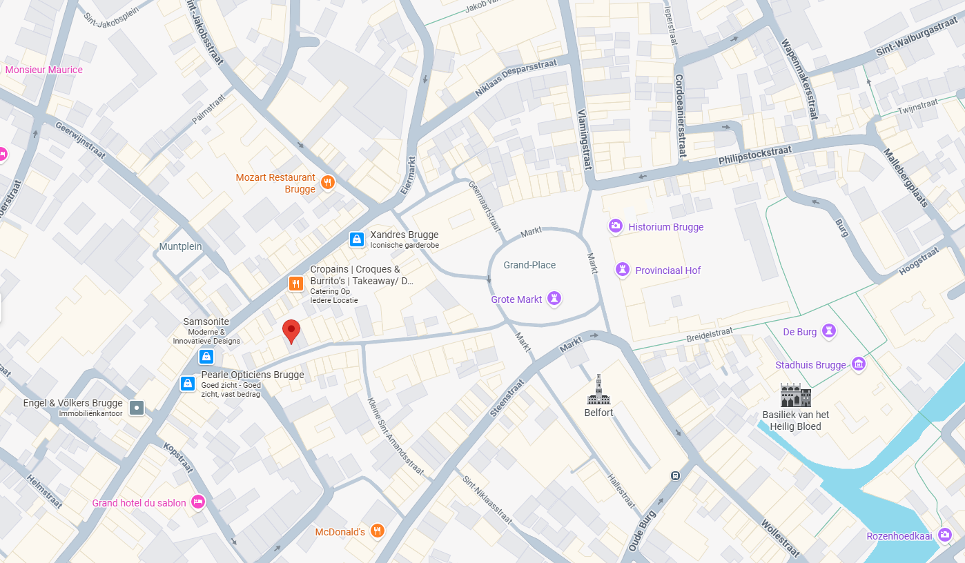 A map showing the breakfast & tapas bar Brapas in central Bruges.