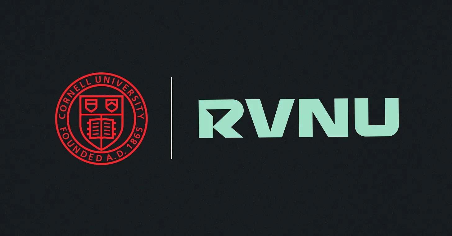 Red Cornell University seal on a black background next to the stylized text RVNU in light green.