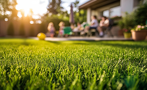 Close-up of vibrant green grass with a blurred background of people sitting and relaxing on a patio in warm sunlight.