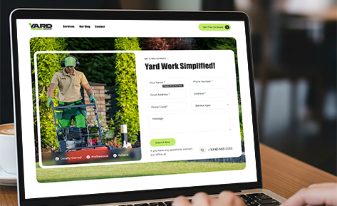 Laptop screen displaying a lawn care service website with a form titled 'Yard Work Simplified' and an image of a worker pushing a lawn mower.
