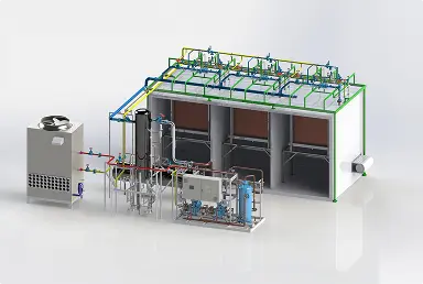 Sistema industrial de congelación IQF con tuberías, tanques y unidad de refrigeración.