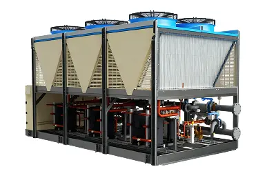 Unidad industrial grande de enfriamiento con ventiladores en la parte superior y tuberías visibles.