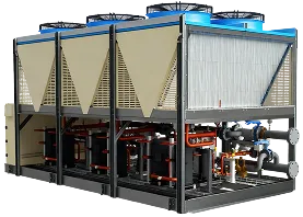 Unidad industrial grande con ventiladores, tuberías y estructura metálica visible.