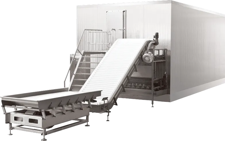 Máquina industrial grande con cinta transportadora blanca y estructura metálica para procesamiento.