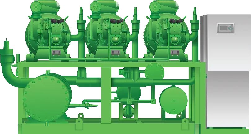 Máquina industrial verde con tres compresores y un panel de control blanco a la derecha.