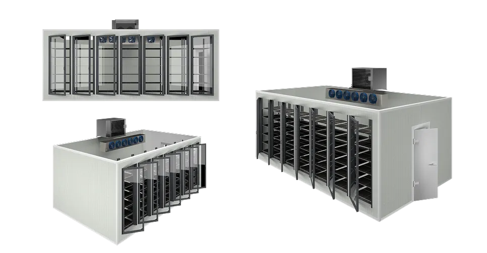Varias vistas de una cámara frigorífica con puertas de vidrio y estantes interiores vacíos.