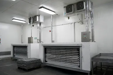Equipo de congelación por placas en una sala industrial limpia con ventiladores y mesas metálicas.