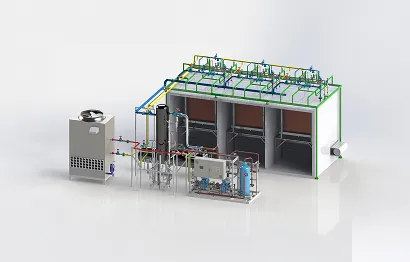 Modelo 3D de sistema industrial con tuberías, tanques y equipo en fondo blanco.