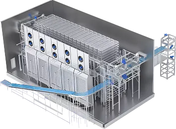 Render de una cámara de congelación industrial con ventiladores y estructura metálica.