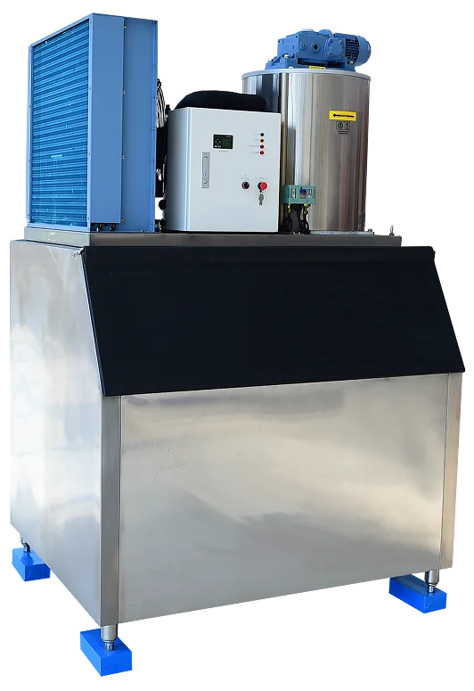 Máquina industrial de acero inoxidable con motor azul y panel de control blanco.