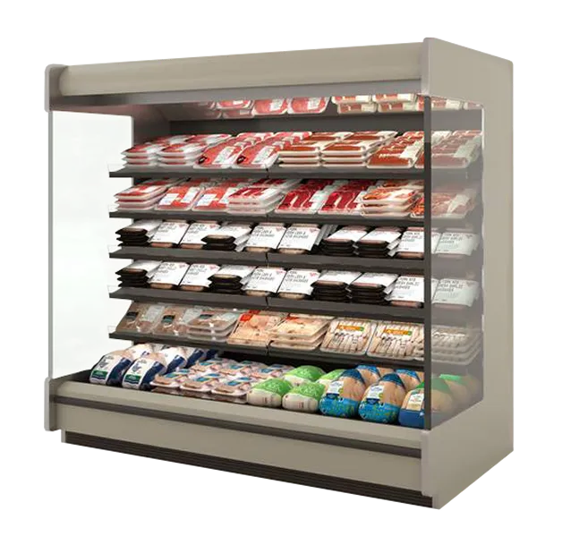 Mostrador refrigerado con carnes y productos empacados en bandejas y bolsas.