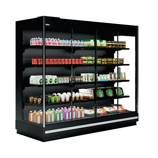 Vitrina negra refrigerada con varias bebidas y alimentos en estantes organizados.