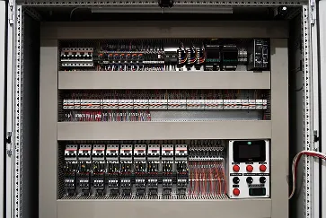 Tablero eléctrico con disyuntores, relés y controles en un gabinete cerrado.