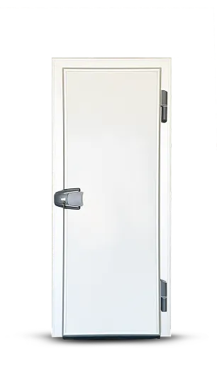 Puerta blanca con marco y pestillo metálico sobre fondo blanco.
