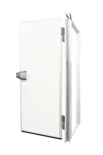 Puerta blanca metálica con marco abierta vista lateral con manilla gris.