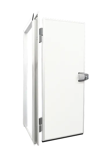 Puerta blanca metálica para cámara frigorífica con manilla plateada y marco expuesto.
