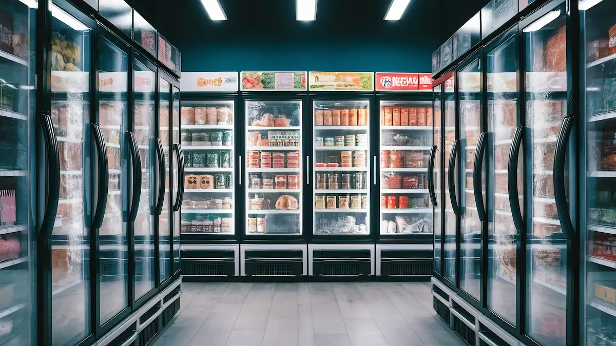 Pasillo con vitrinas frigoríficas llenas de alimentos congelados en supermercado iluminado.