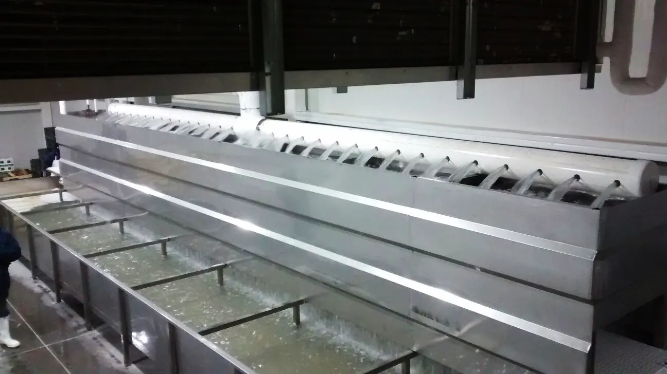 Máquina industrial de lavado con múltiples chorros de agua en un tanque largo de metal.