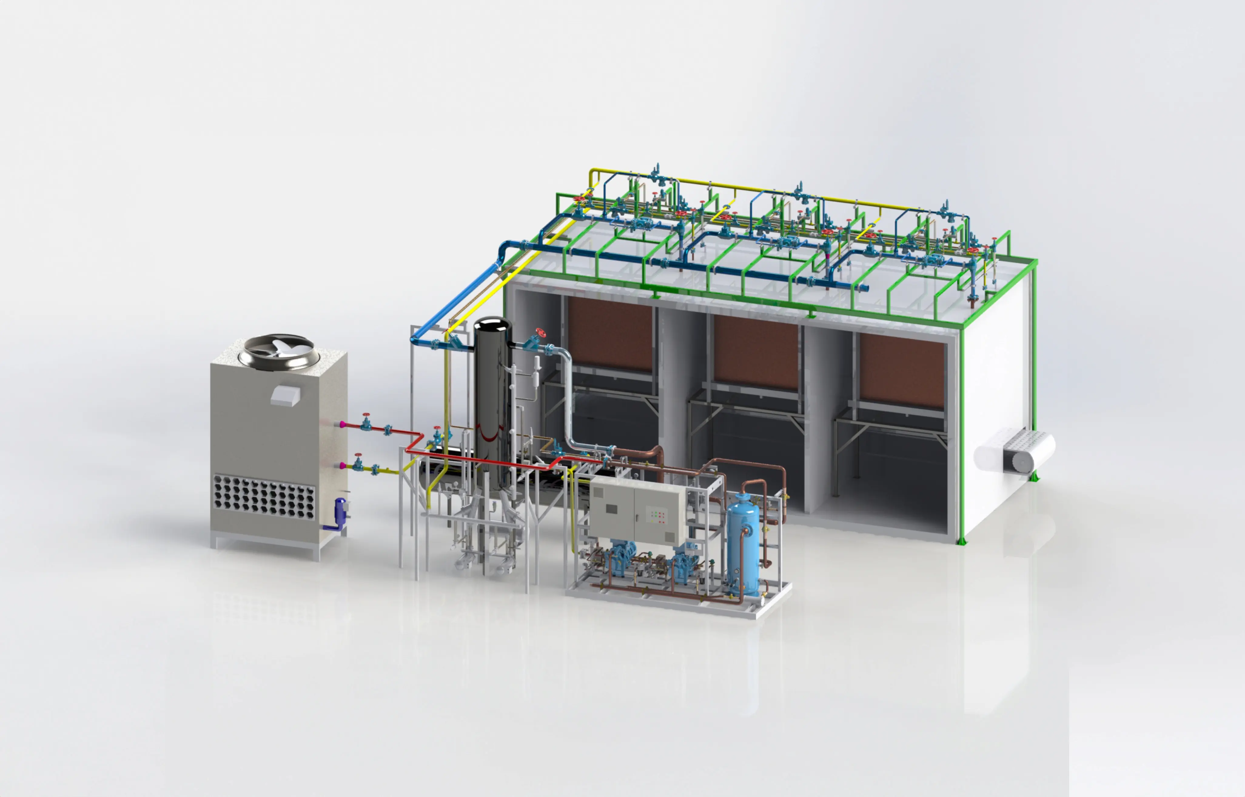 Sistema industrial de congelación con tuberías de colores y control eléctrico montado en estructura metálica.