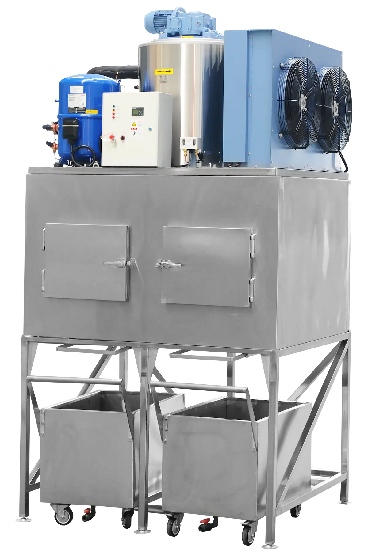 Máquina industrial de fabricación de hielo con cubos de recolección en la parte inferior.