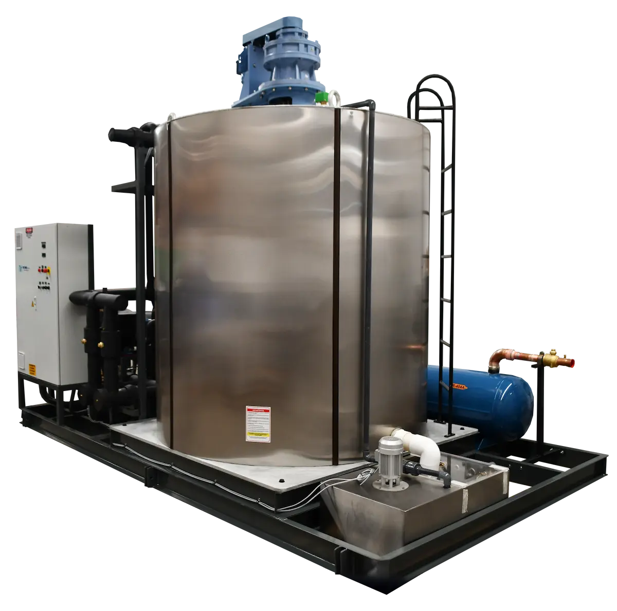 Máquina industrial de acero inoxidable con tuberías y motor azul, usada para producción de hielo.