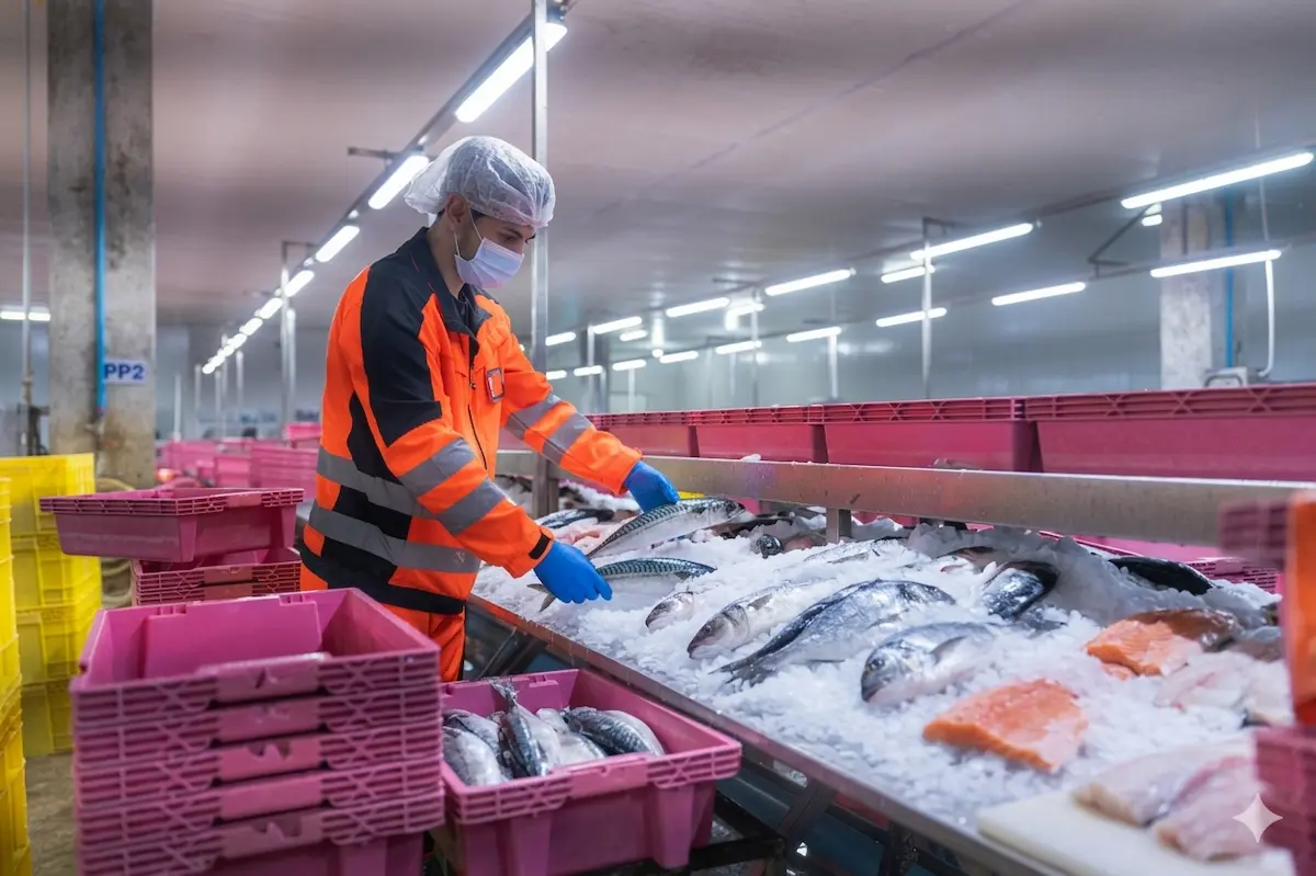Trabajador con equipo de protección organiza pescado fresco sobre hielo en planta de procesamiento.