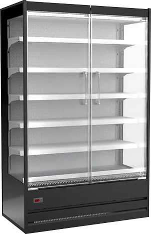 Vitrina refrigerada de cocina negra con estantes blancos y puertas de vidrio transparentes.