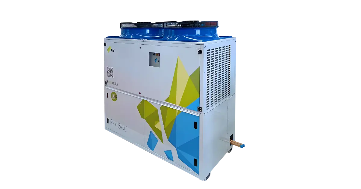 Unidad de aire acondicionado industrial con ventiladores azules en la parte superior.