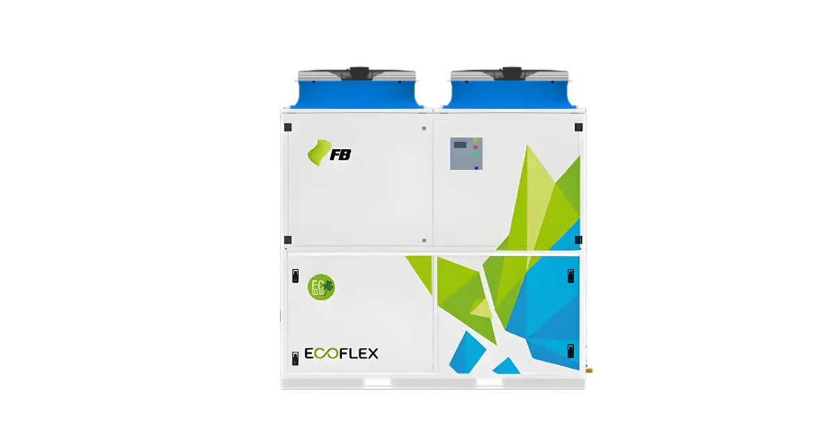 Unidad de aire acondicionado Ecoflex blanca con ventiladores azules y diseño geométrico verde y azul.