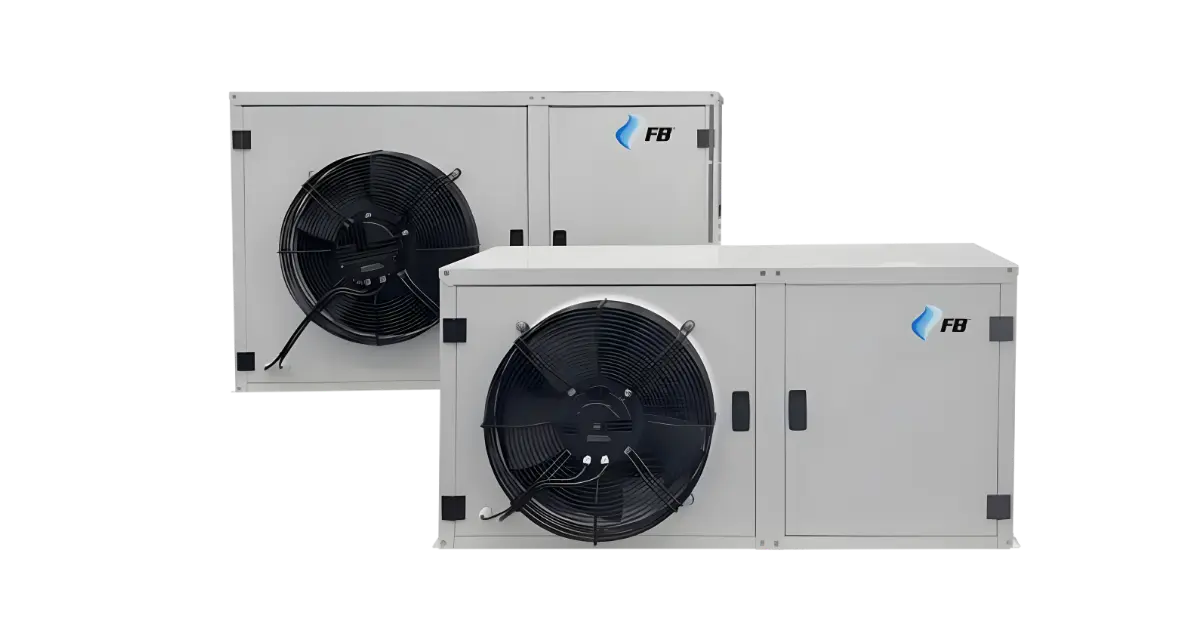 Dos unidades de aire acondicionado industriales grises con grandes ventiladores frontales negros.