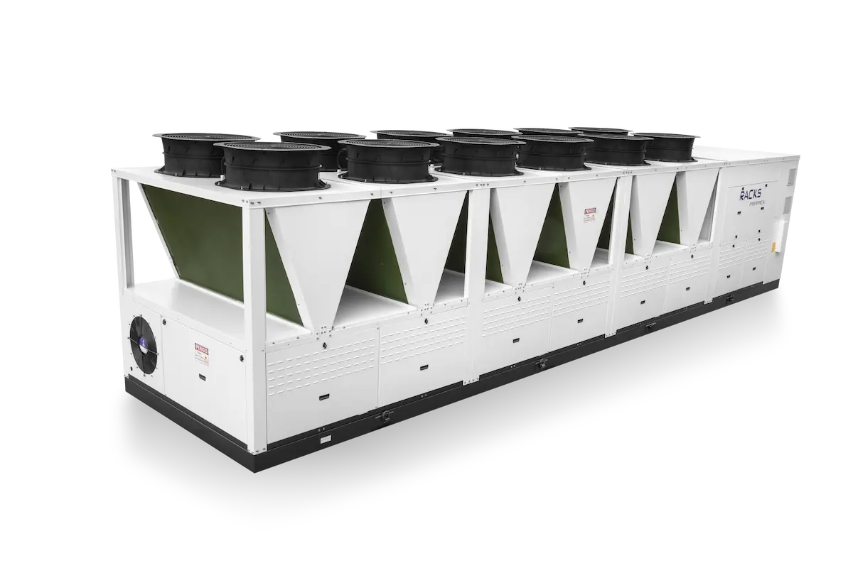 Unidad industrial de enfriamiento con múltiples ventiladores circulares en la parte superior.