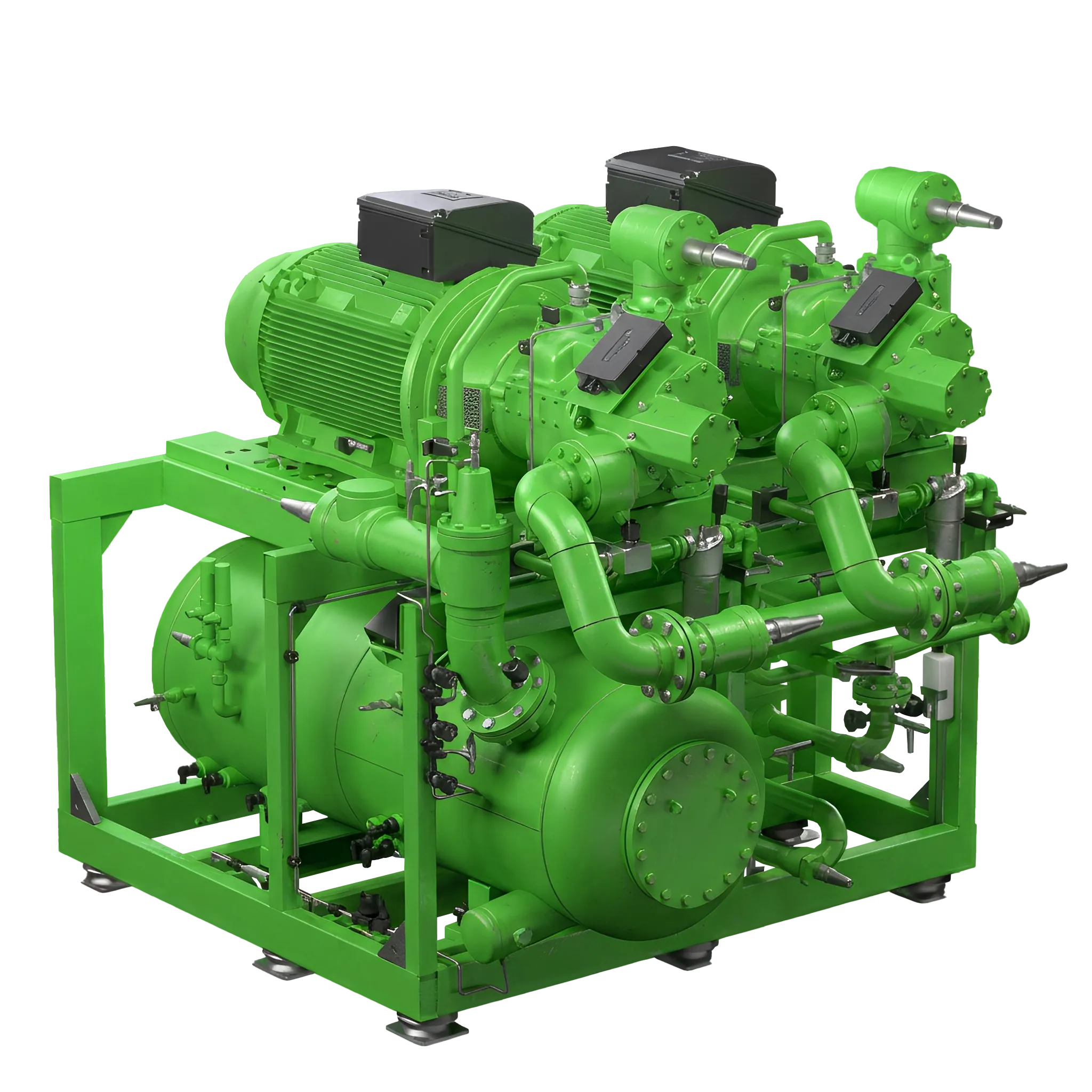 Compresor verde industrial con dos motores eléctricos y múltiples tuberías y accesorios conectados.