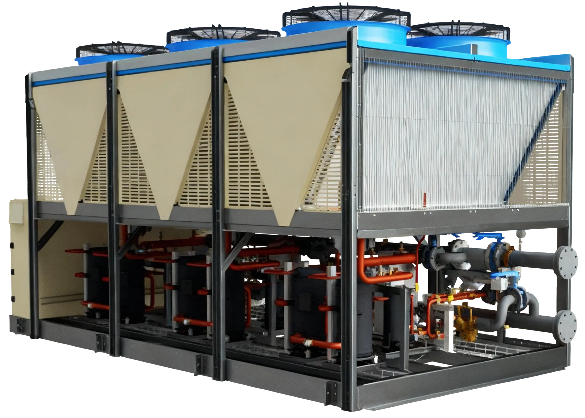 Unidad de sistema indirecto industrial con tuberías rojas, ventiladores azules y estructura metálica.