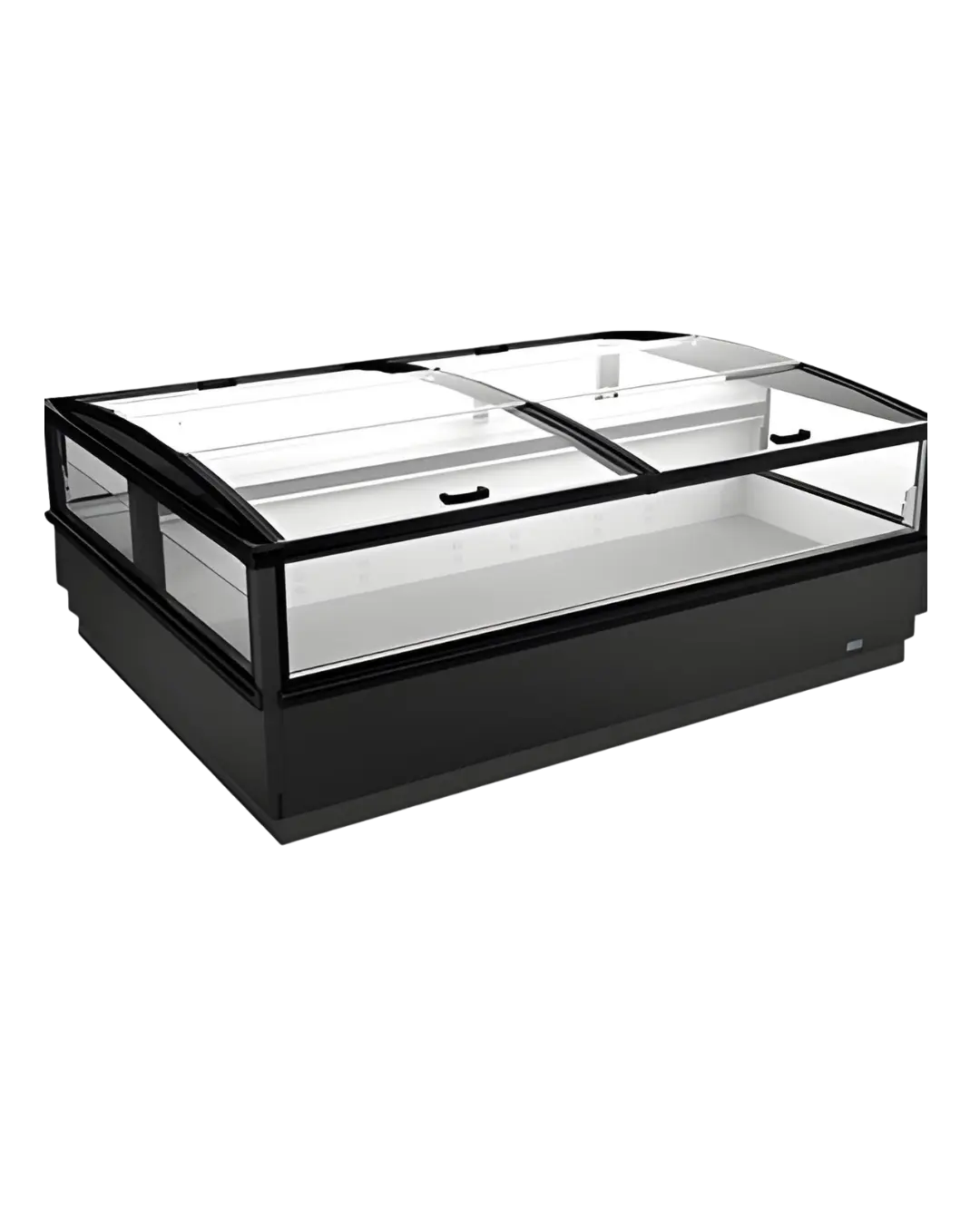 Vitrina refrigerada comercial rectangular con puertas de vidrio correderas y marco negro.