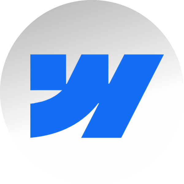 Blaues Webflow-Logo auf grau-weißem Verlaufs-Hintergrund.
