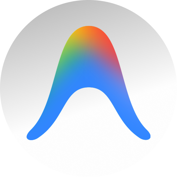 Bunte, wellenförmige Kurve mit Farbverlauf von Blau zu Rot in einem grauweißen Kreis.