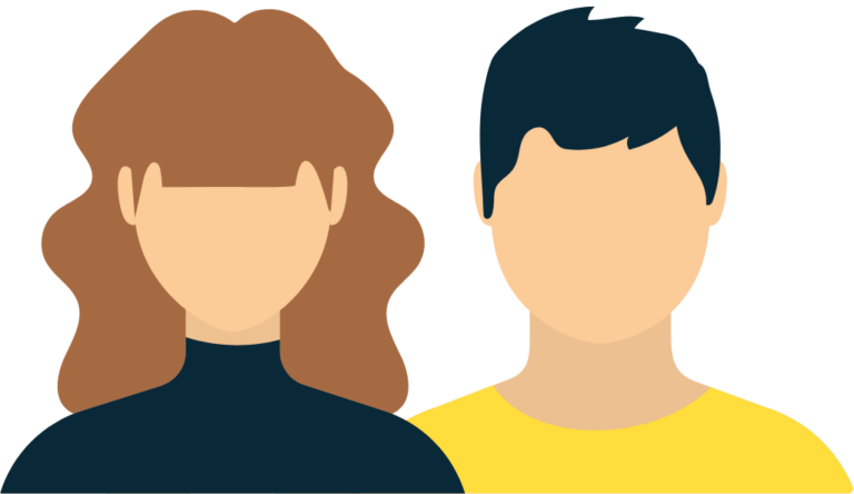 Illustration of two faceless people, one with long brown hair wearing a black top and the other with short dark hair wearing a yellow shirt.