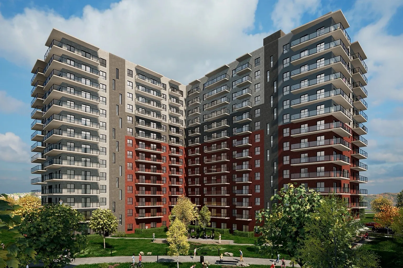 Vue de face de l’immeuble Mostra Saint-Bruno dans l’écoquartier Affiniti