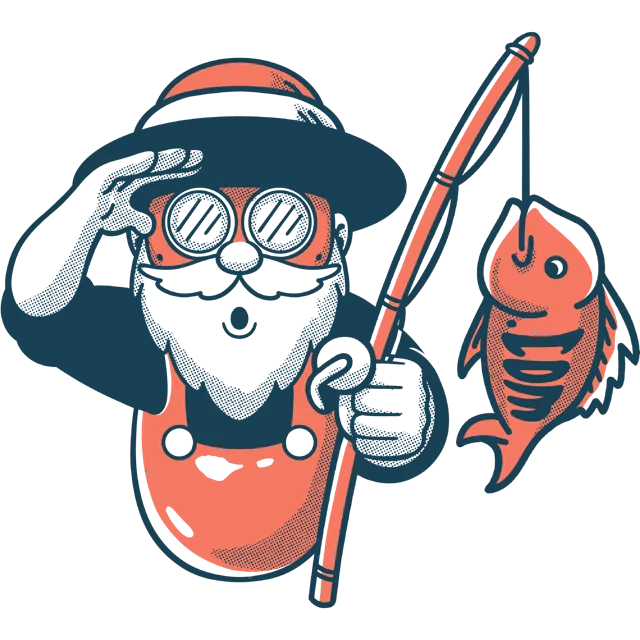 Snagged mascot holding a fish looking out into the distance.