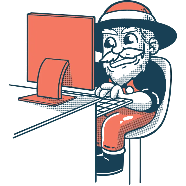 Snagged mascot on his computer searching for a domain.