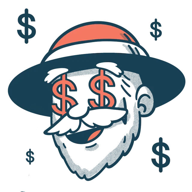 Snagged mascot with dollar signs in his eyes.