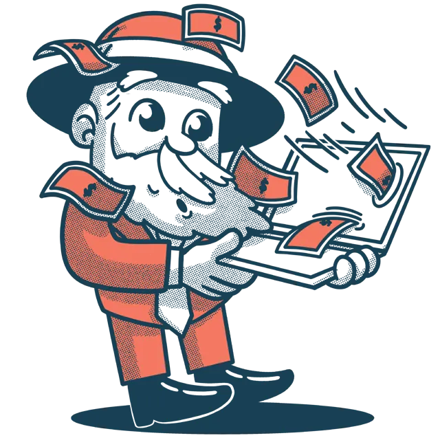 Snagged mascot holding a computer with dollar bills flying out of the screen.