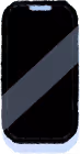 Black smartphone with a screen protector applied diagonally.