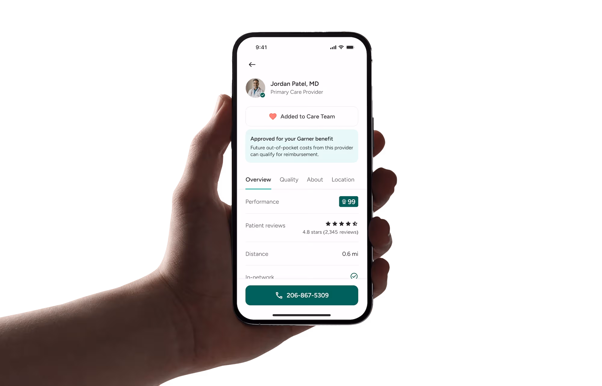 Smartphone screen showing a profile of Jordan Patel, MD, primary care provider, with performance score, patient reviews, distance, and a green call button displaying a phone number.